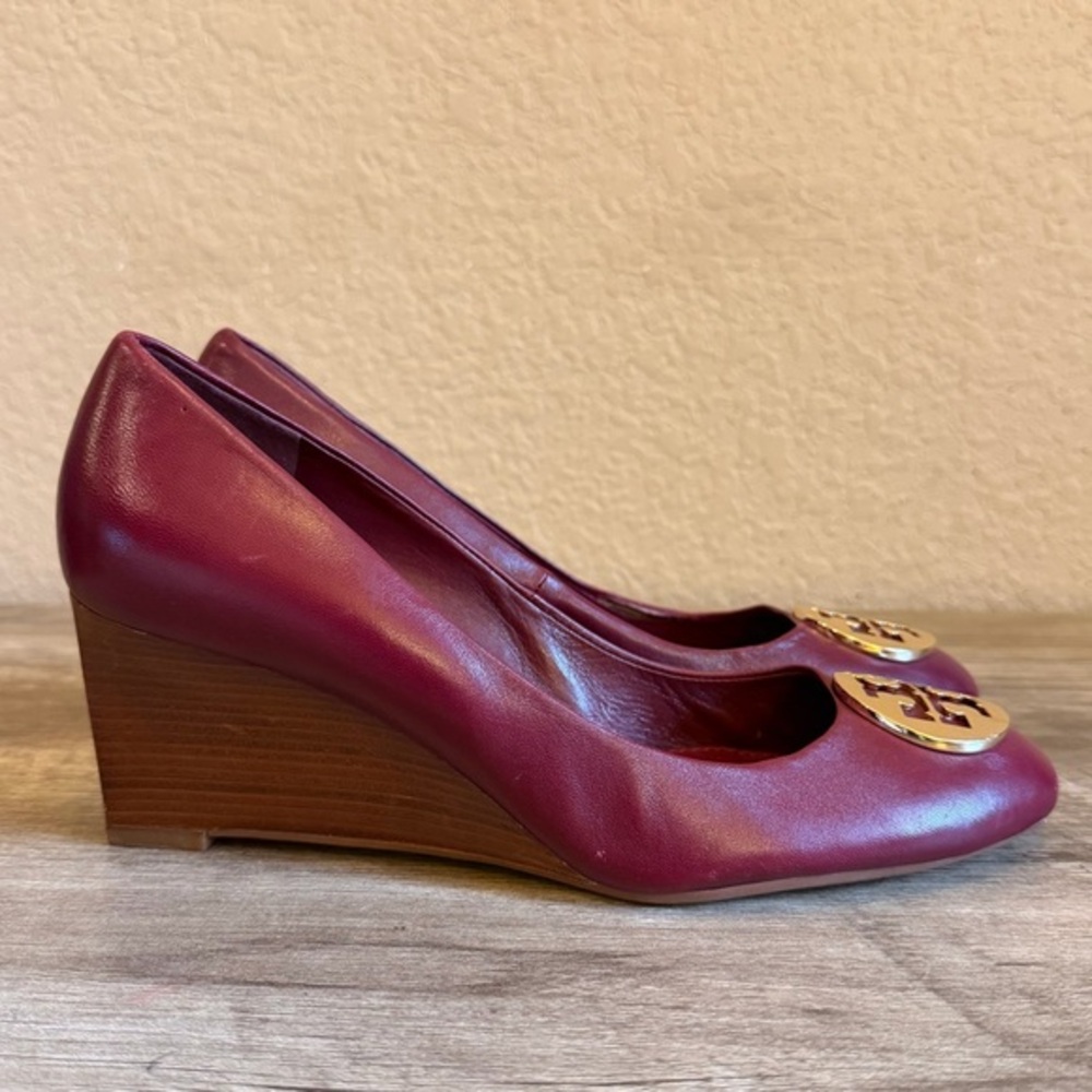 Tory Burch Luna Wedge Pumps Burgundy Leather with Gold Tone Logo Medallion